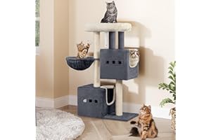 Hzuaneri Cat Tree, 98 cm Tower, Sisal Scratching Post, Cats Tower for Indoor, Multi-Level Stable Cat Tree with Cats House, 2 Caves, Pompoms, Dark Grey MS10018SGV1