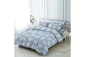 H HANSEL HOME Funda Nordica Cama 150 de 4 Piezas Transpirable Suave al Tacto 100% Microfibra, Funda Edredón 220x240cm, Bajera 150x200cm con 2 Fundas de Almohada 50x90cm - Floral Azul Grisáceo