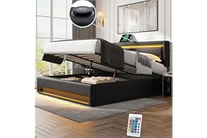 Racxily Letto matrimoniale con contenitore 160 x 200 cm,con porta USB 、 ricarica wireless e illuminazione a LED,Letto imbottito,PU,nero