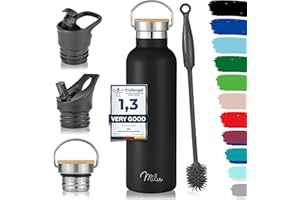 Milu Bouteille en acier inoxydable 350ml, 500ml, 750ml, 1l (+3 couvercles) - Bouteille thermo avec paille, bouteille d'eau, pour boissons chaudes, froides et gazeuses (Noir, 750ml)