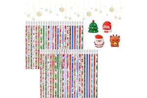 FuxFuis 48 PCS Crayons de Noël, Crayons pour Enfants Crayon à Papier Mignon 24 Modèles Crayon en Bois avec Gomme Crayon École avec 4 PCS Taille-Crayon de Noël pour Scolaire Fête Cadeaux