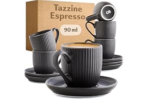 Cosumy Tazzine Caffe Espresso Moderne con Piattino - 6 Tazze 90ml con Manico - Unico disegno a righe - Ceramica Nero Opaca - Lavabili in lavastoviglie
