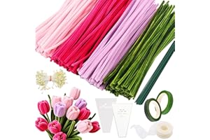 Keyck Fil Chenille de Tulipes 400 Pièces Kit Bouquet Cure Pipe Chenille avec Contient Pistil, Bâtons Fleurs Verts, Rouleaux Ruban Adhésif, Bâtons Colle, Emballage Bouquet, Rubans pour Décorations DIY