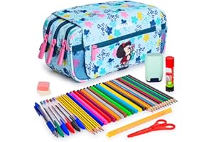 ColePack Design - Lote de Estuche Portatodo Triple con 3 Cremalleras y Material Escolar de Primeras Marcas Incluido (Lively)