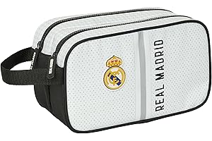 Safta Real Madrid 1ª EQUIPACIÓN 24/25 - Neceser Escolar Infantil Grande, Neceser Infantil, Adaptable a Carro, Ideal para Niños de 5 a 14 Años, Cómodo y Versátil, 26x12.5x15 cm, Color Blanco/Gris