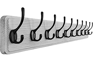 SKOLOO Farmhouse Style Wall Mounted Coat Rack, Wood Coat Hook Hanger - 10 Hooks for Hanging Clothes Robes Towels Coats