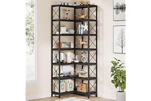 Tribesigns Bibliothèque d'angle, Grande étagère d'angle Industrielle, étagère d'angle sur Pied avec Cadre en métal pour Salon, Maison, Bureau (Marron Rustique) (7 étagères-Noir)