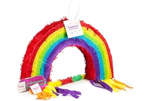 Trendario Regenbogen Pinata Set, Pinjatta + Stab + Augenmaske, Ideal zum Befüllen mit Süßigkeiten und Geschenken - Piñata Regenbogen für Kindergeburtstag Spiel, Geschenkidee, Party, Hochzeit