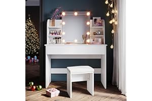 SONNI Tocador de Maquillaje con Luz y Taburete,Espejo y LED Regulable,Mesa Tocadores Maquillaje Moderno Blanco Dormitorio 10 Bombillas 108x40x140cm