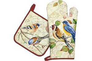 Arquiel Guante De Horno Agarraderas, 100% AlgodóN Guante De Cocina Resistente Al Calo Grueso Seguro para Cocinar, Hacer Barbacoas Microondas Y para La Chimenea Regalo(pájaro Retro)