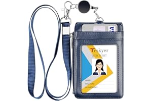 Teskyer Porta Tarjetas Identificativas, con Cordón Retráctil, Cordón de Nylon, Cuero PU, con Bolsillo de Cremallera, 4 Ranuras Para Tarjetas, Azul