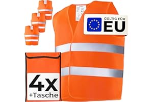 Prowiste 4 Sicherheitsweste - Warnwesten Set mit Tasche – Geprüfte EN ISO 20471, Europaweit gültig – Ideal für Baustelle, Auto - Universalgröße - Orange