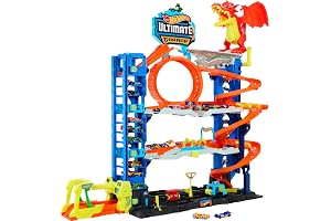 Hot Wheels City “Let's Race - ¡a Correr!” Netflix - Garaje definitivo Pista para Coches de Juguete con dragón y 4 Niveles, Incluye 2 vehículos, +4 años (Mattel HKX48)