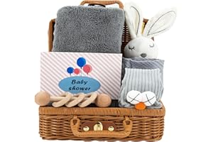 AMO NENES Set Regalo Neonato Unisex, Cestino portaoggetti con Sonaglio, Asciugamano da Bagno, Coperta di Sicurezza, Panno per il ruttino, Biglietto d'auguri, Regali per la nascita e per la festa bebè, Grigio