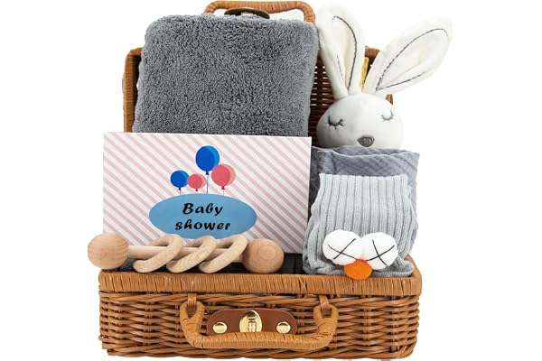 7 en 1 Coffret Naissance pour Bébé-né avec serviette de bain, serviette de bave et hochet, serviette de bébé jouet, chaussettes, carte de vœux et coffret cadeau, pour la douche de bébé, unisex, gris