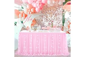 QUEENDREAM Rectangle Table Skirt Pink 14FT Tulle Table Skirting LED Tutu Tablecloth for Wedding Birthday Party Baby Shower Decorations