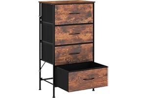 KU Syang Dresser with 4 Drawers - Fabric Chest of Drawers with Large Storage Space, Modern Tall Tower Unit Storage Organiser for Living Room/Bedroom, Wooden Top and Metal Frame (Rustic Brown)