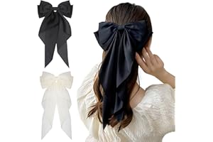 Beayuer Big Bow Hair Clips 2 Pcs Solid Color French Large Bowknot Hairpin with Long Silky Satin Tail Simple Hair Fastener Accessories Hair Barrettes for Girls Women (Black, Milk White, 2 Pcs)
