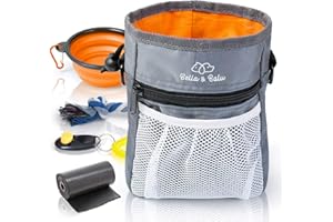 Bella & Balu Sac friandise pour Chien + gamelle Pliable + clicker + Sacs a crottes + Jouet Chien Corde - Sac de Dressage avec Distributeur de Sacs à crottes intégré et gamelle de Voyage (Orange)