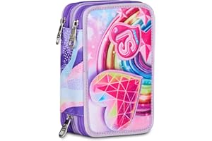 SJ GANG STYLE JAM GANG Astuccio Scuola 3 Zip, Rosa, Portapenne Triplo Scomparto Completo Di Penne, Matite, Colori, Accessori Zaino, Scuole Elementari, Bambina