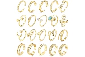 JeryWe 20 Pcs Ajustable Anillos de dedo del pie para las mujeres Abrir dedo del pie africano Anillos Verano Playa Pie Joyería Serpiente Flecha Hoja Corazón CZ Cola Pinky Anillos de Banda