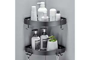 FIISAYL Estanteria Baño Esquina, Estantería Ducha sin Taladro Estante Repisas para Baño Pared Baldas con 4 Ganchos Espacio de Viaje Aluminio Montaje en Pared Negro, 2 Unidades