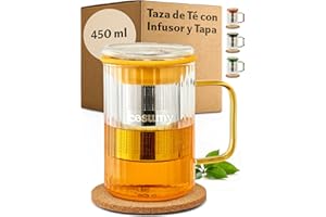 Cosumy Taza para Infusiones con Tapa y Filtro, 450ml - Vaso de Té de Vidrio Borosilicato con Asas de Colores y Posavasos de Corcho (Amarillo)