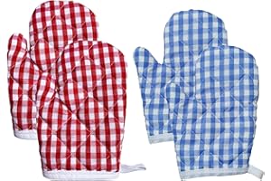 YSTJKD Mitones De Horno para Niños Set 4 pcs Guantes para Hornear a Cuadros Guantes Horno Microondas Guantes Aislamiento Termico con Bucle para Colgar para Niños Cocina Cocina Barbacoa Azul Rojo