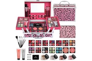 Anpro Estuche de Maquillaje Todo en Uno con Diseño Leopardo, Incluye Set de Maquillaje Profesional para Adolescentes, Pinceles, Paleta de Sombras, Regalo Ideal para Niñas - Rosa Leopardo