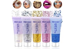 Vegena 5-flaskor Glitter Gel, Fint Glitter för Ansikte, Hår, Läppar, Naglar - Festival Party Makeup (Vit + Silver + Guld + Ro