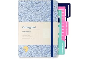Ottergami Bullet Journal Pointillé A5, 144 Pages, Bleu Moucheté, Carnet de Notes 15 X 21cm, Papier 150g/m² Contre Les Bavures, avec Élastique 3 Pochoirs Journal, Portestylo