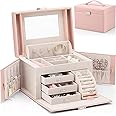 Vlando Jewelry Box, Faux Leather Medium Jewelry Organizer, Vintage Gift for Women -Pink-Cross Pattern