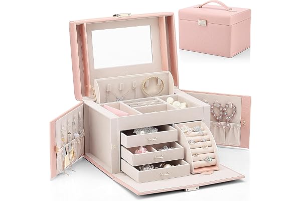 Vlando Grande boîte à bijoux baroque pour filles et femmes avec miroir, 3 tiroirs pour bracelets, boucles d'oreilles, bagues, colliers, pour fête des mères/être cher, rose