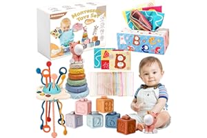 Auezona 4 in 1 Montessori Baby Spielzeug 6 Monate-3 Jahre, Stapelturm, Flugzeug Montessori Spielzeug, Taschentuchbox, Sensorik Spielzeug Baby, Montessori Baby Spielzeug ab 6 9 12 Monate 1 2 3 Jahre