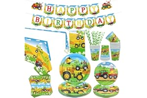 ENCETARDE Tractor Farm Birthday Party Tableware Supplies Serves 20 - Includes Tractor Happy Birthday Banner, Plates, Napkins, Cups, Straws, Tablecloth, for Barnyard Farm Party Decorations (Yellow-S)