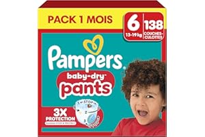 Pampers Baby-Dry Pants, Taille 6, 138 Couches-Culottes, 14-19kg, Maintien 360° Contre Les Fuites Avec Une Poche Stop & Protect Pour Une Nuit Jusqu'à 100% Sans Fuites, Pack 1 Mois