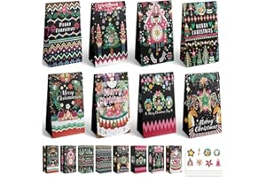 Gcardist 32 sztuki torebek papierowych na Boże Narodzenie, czarno-różowe, z 32 naklejkami, 12 x 8 x 24 cm