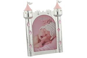 UKGIFTSTOREONLINE Marco de fotos para bebé con diseño de castillo de princesa, chapado en plata, 21,6 x 14 cm, regalo de nacimiento