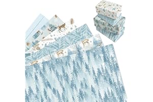 MORAINJAY 12 Fogli Carta Regalo di Natale, Foresta Natalizia Blu, per Bambini, Ragazzi e Ragazze, Feste Invernali e Compleanni, Confezioni Regalo, 68x50 cm