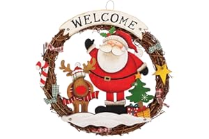 COM-FOUR® Wieniec swiateczny pleciony - Wieniec na drzwi "WELCOME" na swieta - Dekoracja swiateczna do powieszenia - Wieniec drewniany ok. Ø 30 cm (Swiety Mikolaj - L)