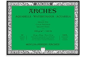 ARCHES Aquarelle - Bloc 20 feuilles 23x31 collé 4 côtés - 300g/m² - grain fin, blanc naturel, 4 bords francs