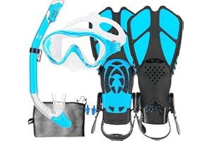 HH HHAO SPORT Set da snorkeling per bambini con pinne, 180°, anti-appannamento, panoramico, visione ampia, pinne regolabili, maschera subacquea di alta qualità e boccaglio asciutto per nuoto