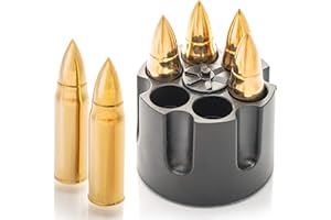 Whiskey Stones Bullets with Base - Gold XL Ice Cubes Reusable for Men - Mens Gifts- Set of 6 Stainless Steel Whisky Bullets in Revolver Base - Chilling Whisky Rocks Gift Set by Amerigo