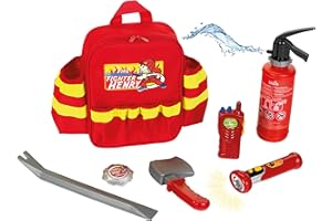 THEO KLEIN Klein 8900 Sac à dos de pompier | Avec lampe-torche, extincteur, etc. | Sac à dos robuste avec éléments réflecteurs et sangles ajustables | Dimensions : 28 cm x 25 cm x 8,5 cm | Dès 3 ans