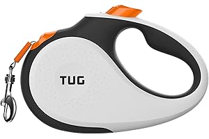 TUG 360° Tangle-Free Retractable Dog Lead for Up to 25 kg Dogs | 5 m Strong Nylon Tape/Ribbon | One-Handed Brake, Pause, Lock (Medium, White/Orange)