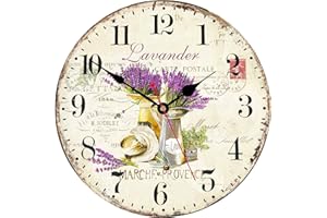 ‎TAHEAT TAHEAT 30 cm Lila Lavendel Blume Wanduhr, Holz Rustikale Vintage Uhren, Leise Ohne Tickgeräusche Landhausstil Wanduhren für Wohnzimmer/Schlafzimmer/Küche/Esszimmer