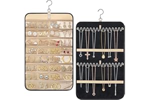 GOEDEKE Hanging Jewelry Organizer - Dual-Sided with 28 Pockets, 5 Wave-Shaped Hooks, Jewelry Roll for Earrings (Small) - Black