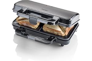 ‎BESTRON Bestron XL Sandwichmaker, Antihaftbeschichteter Sandwich-Toaster für 2 Sandwiches, inkl. automatischer Temperaturregelung & Bereitschaftsanzeige, 900 Watt, Farbe: Titangrau