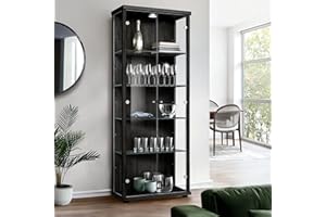 K-Möbel Vitrina de Cristal Negra (176x67x33 cm) con 4 estantes de Cristal Regulables en Altura & LED - Vitrina para Modelos de Coches, Negra - Vitrina Negra - Vitrina de colección