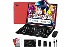 ‎UJJ Tablet Android 14 Tablet 10 Zoll Tablet PC mit 5G WiFi 6 Octa-Core | 20GB RAM + 128GB ROM (TF 1TB) | FHD | Doppelkamera | 6000mAh | Bluetooth 5.0, Widevine L1, 2025 Newest Tablet mit Tastatur Maus,Red
